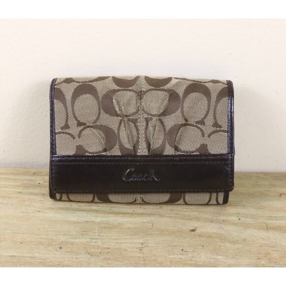 Coach Wallet Womens Brown Leather Signature C Logo Monogram Bifold Vintage - Picture 1 of 11